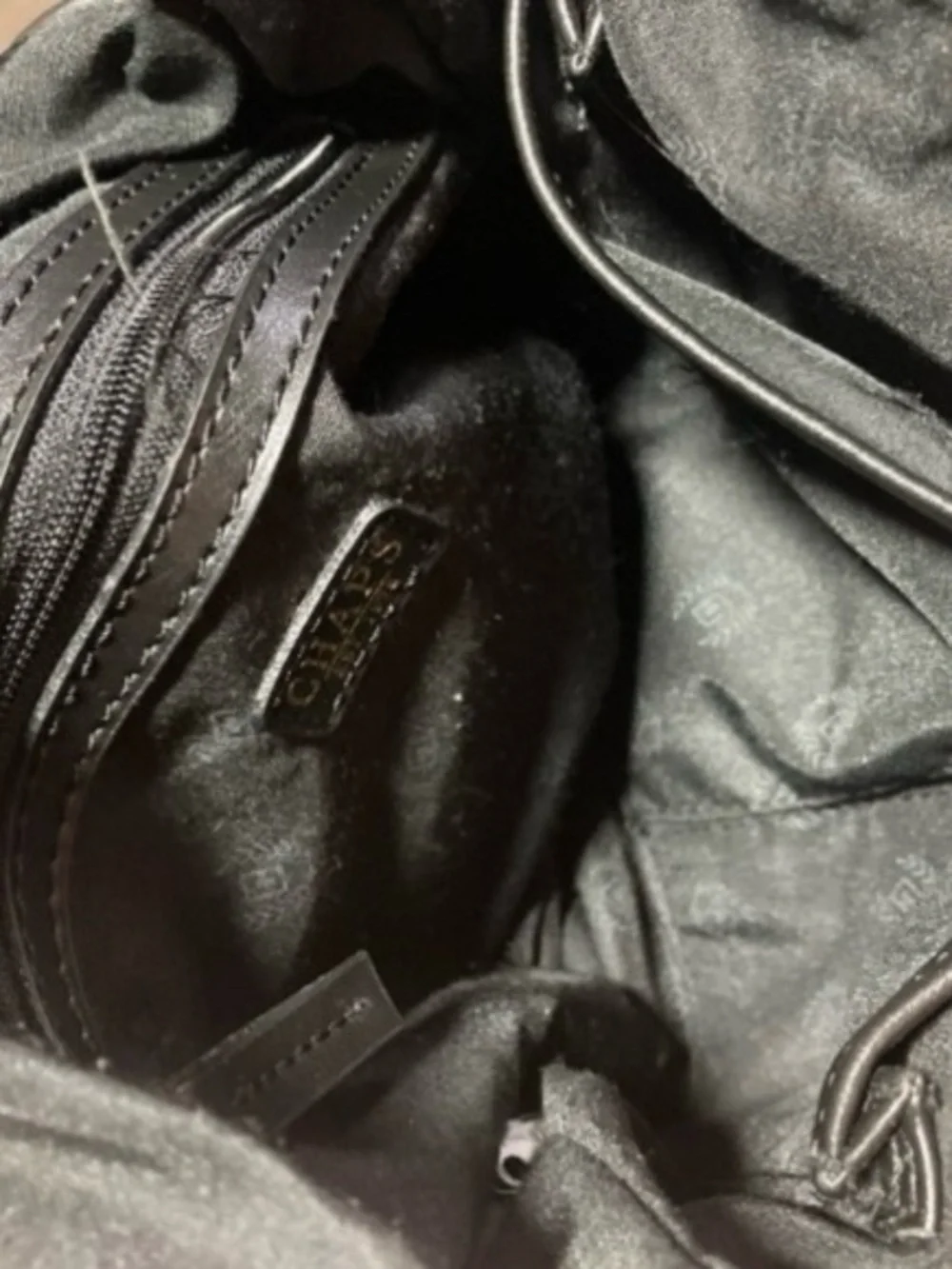 Chaps Black Velvet Bag with Leather Strap and Gold Plaque Elegant Handbag